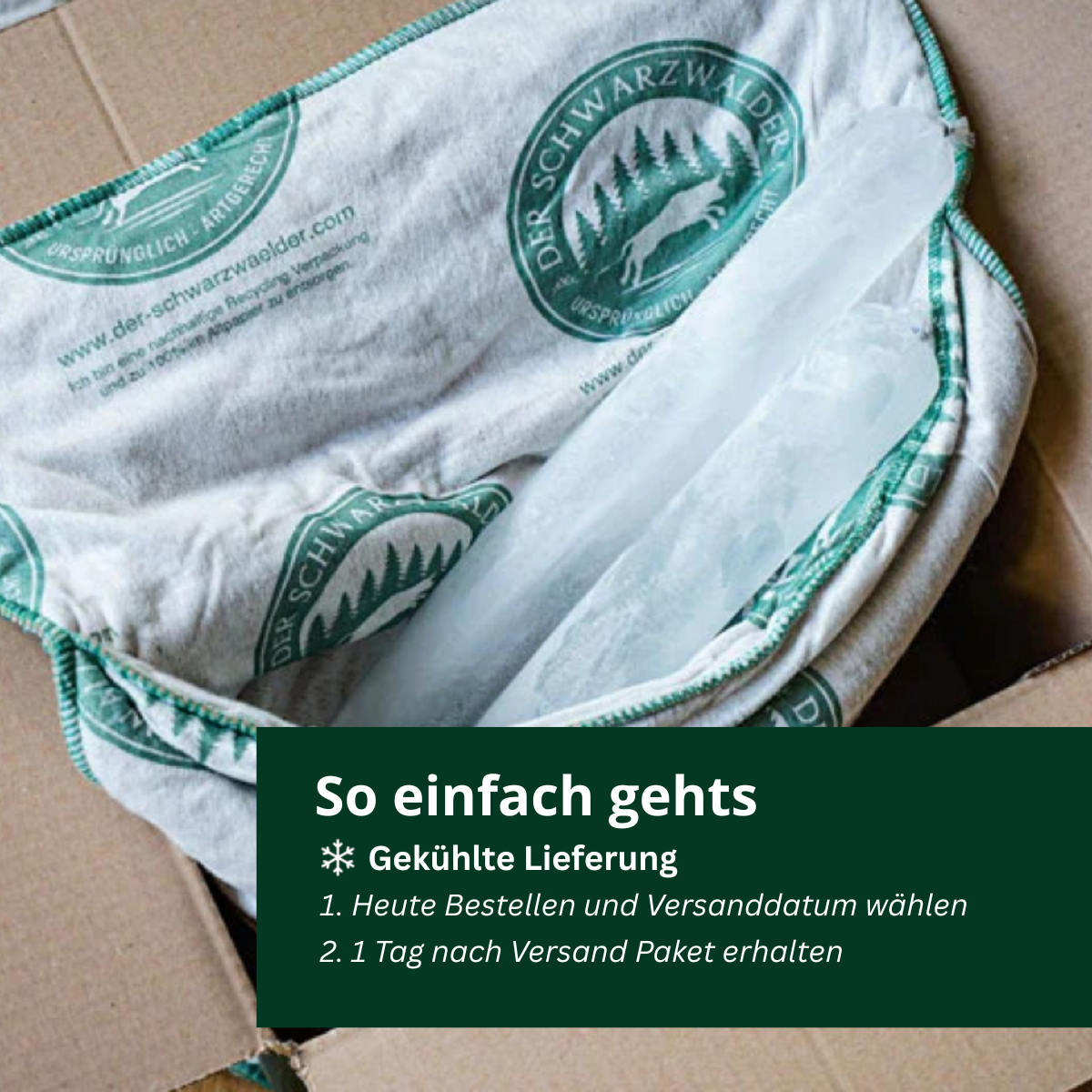 So einfach geht's: gekühlte Lieferung im Recycling-Karton — Versanddatum frei wählbar, Paket einen Tag nach Versand