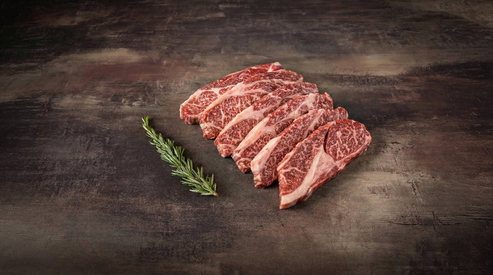 Aufgefächerte Scheiben Wagyu Tataki Steak, stark marmoriert, auf dunklem Stein mit Rosmarinzweig