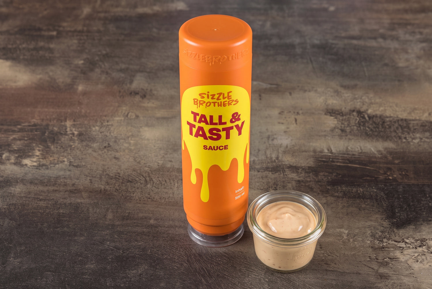 Sizzle Brothers Tall & Tasty Sauce 500 ml Flasche mit Saucen-Probe im Weck-Glas